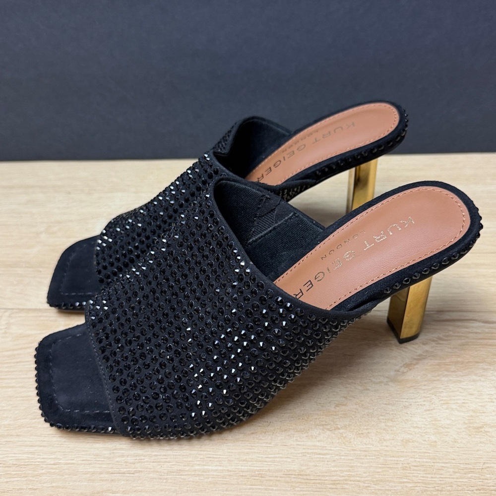 Kurt Geiger London Crystal Mule Heels Black Gold Heel - Picture 7 of 13